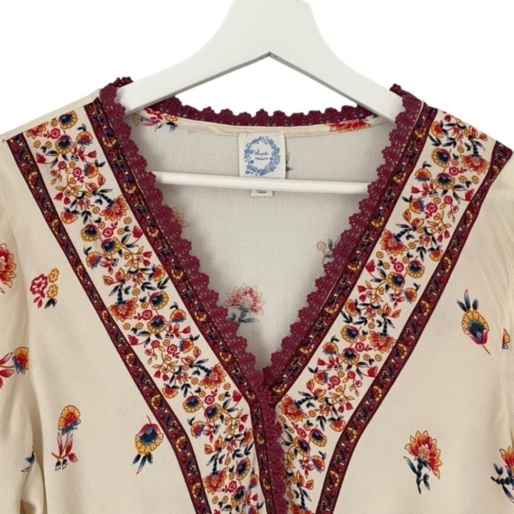 BLUE RAIN Blouse Surplice Boho Floral Creamy White Burgundy Trim Women Size S - Picture 4 of 15